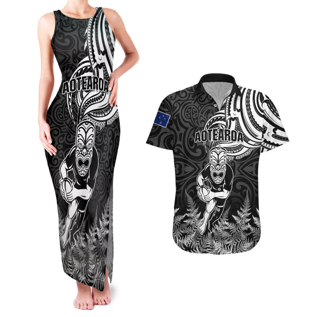 New Zealand Silver Fern Rugby Couples Matching Tank Maxi Dress and Hawaiian Shirt Maori Tiki Player With Ta Moko Tribal LT01 Black - Polynesian Pride