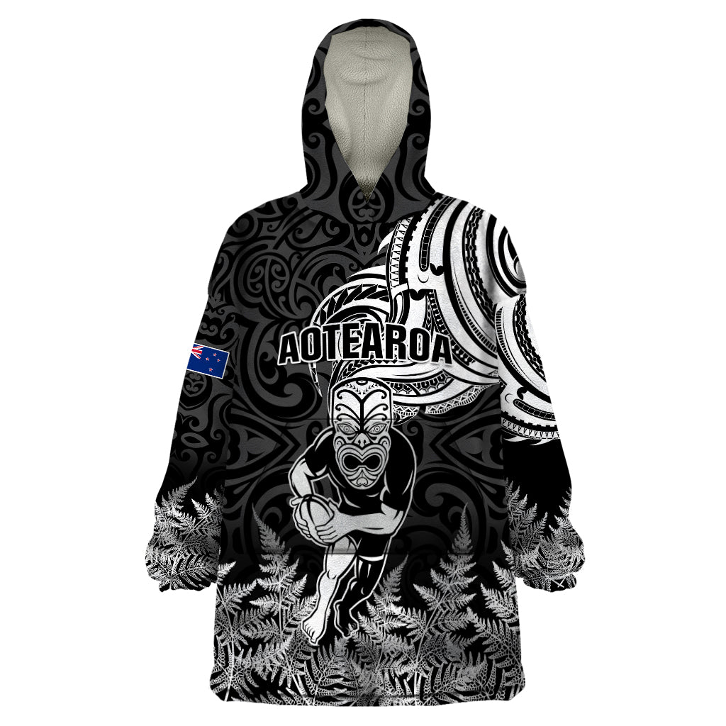 New Zealand Silver Fern Rugby Wearable Blanket Hoodie Maori Tiki Player With Ta Moko Tribal LT01 One Size Black - Polynesian Pride