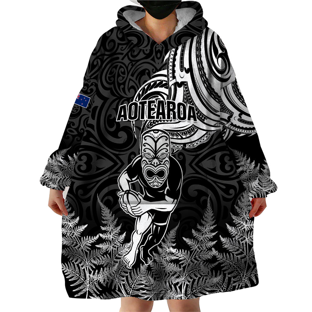 New Zealand Silver Fern Rugby Wearable Blanket Hoodie Maori Tiki Player With Ta Moko Tribal LT01 - Polynesian Pride