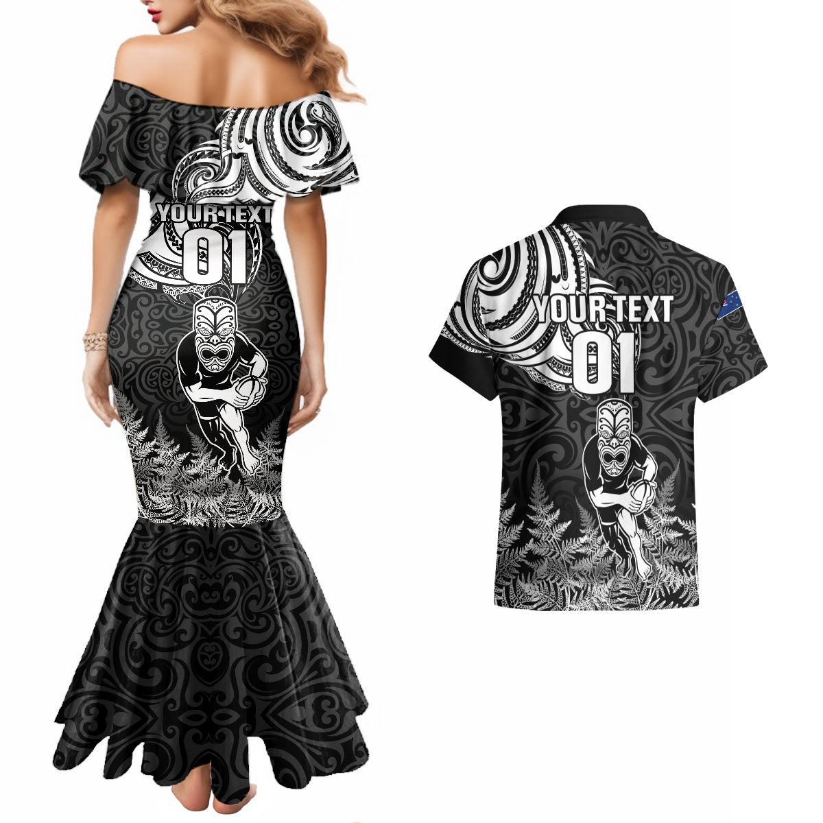 Custom New Zealand Silver Fern Rugby Couples Matching Mermaid Dress and Hawaiian Shirt Maori Tiki Player With Ta Moko Tribal LT01 - Polynesian Pride