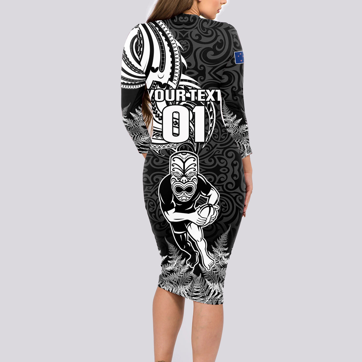 Custom New Zealand Silver Fern Rugby Long Sleeve Bodycon Dress Maori Tiki Player With Ta Moko Tribal LT01 - Polynesian Pride