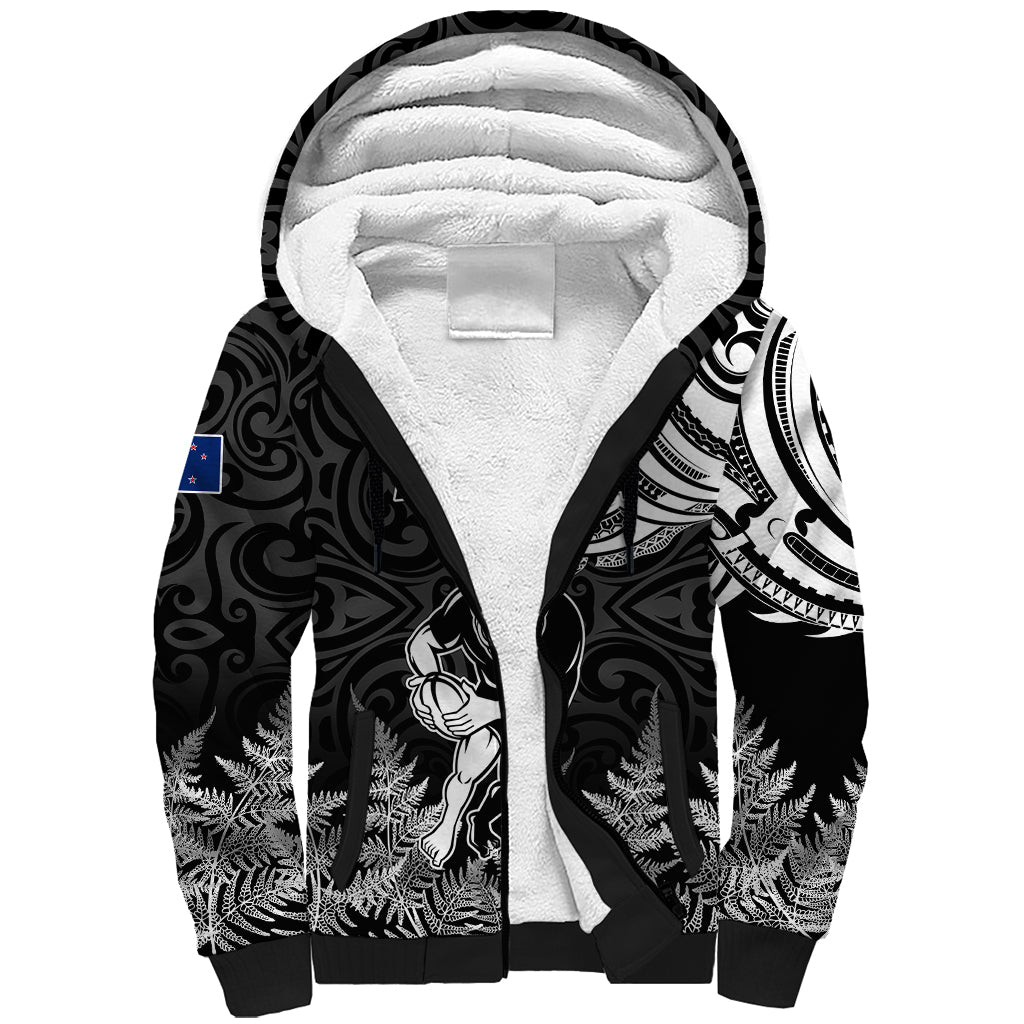 Custom New Zealand Silver Fern Rugby Sherpa Hoodie Maori Tiki Player With Ta Moko Tribal LT01 Unisex Black - Polynesian Pride