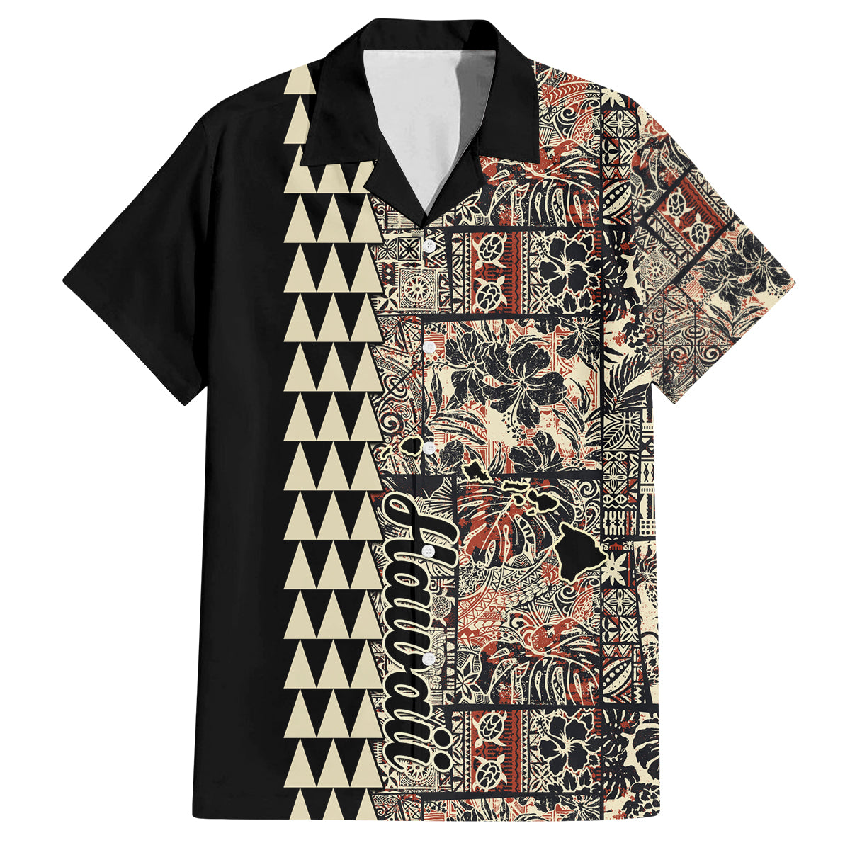 Hawaiian Quilt Family Matching Summer Maxi Dress and Hawaiian Shirt Hibiscus Kakau Vintage Style LT01 Dad's Shirt - Short Sleeve Beige - Polynesian Pride