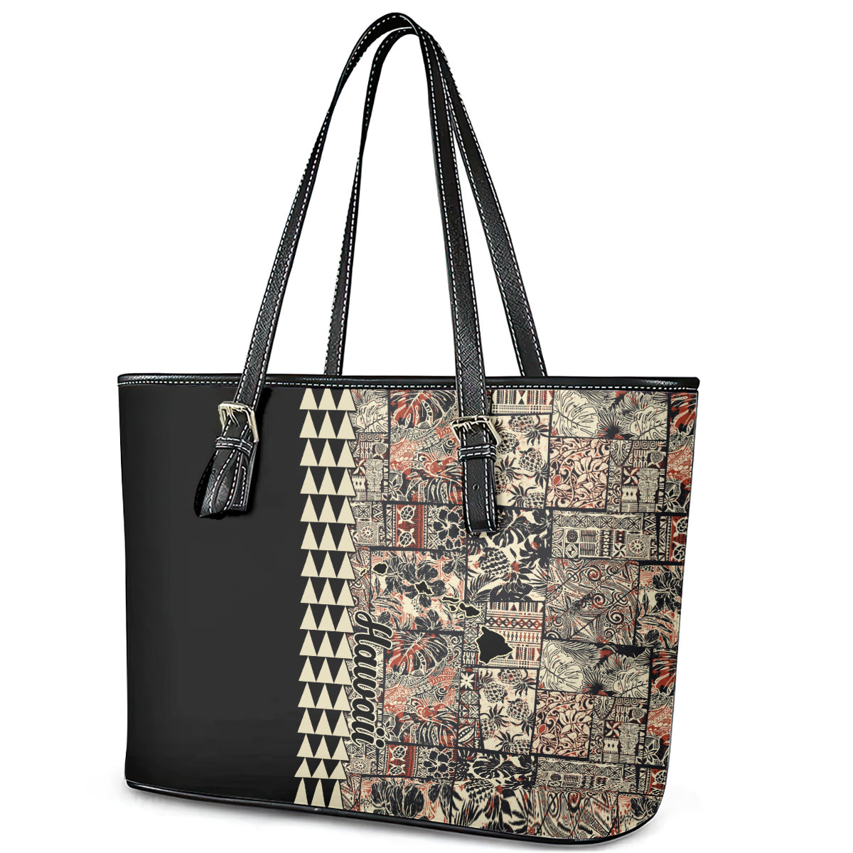 Hawaiian Quilt Leather Tote Bag Hibiscus Kakau Vintage Style LT01 - Polynesian Pride
