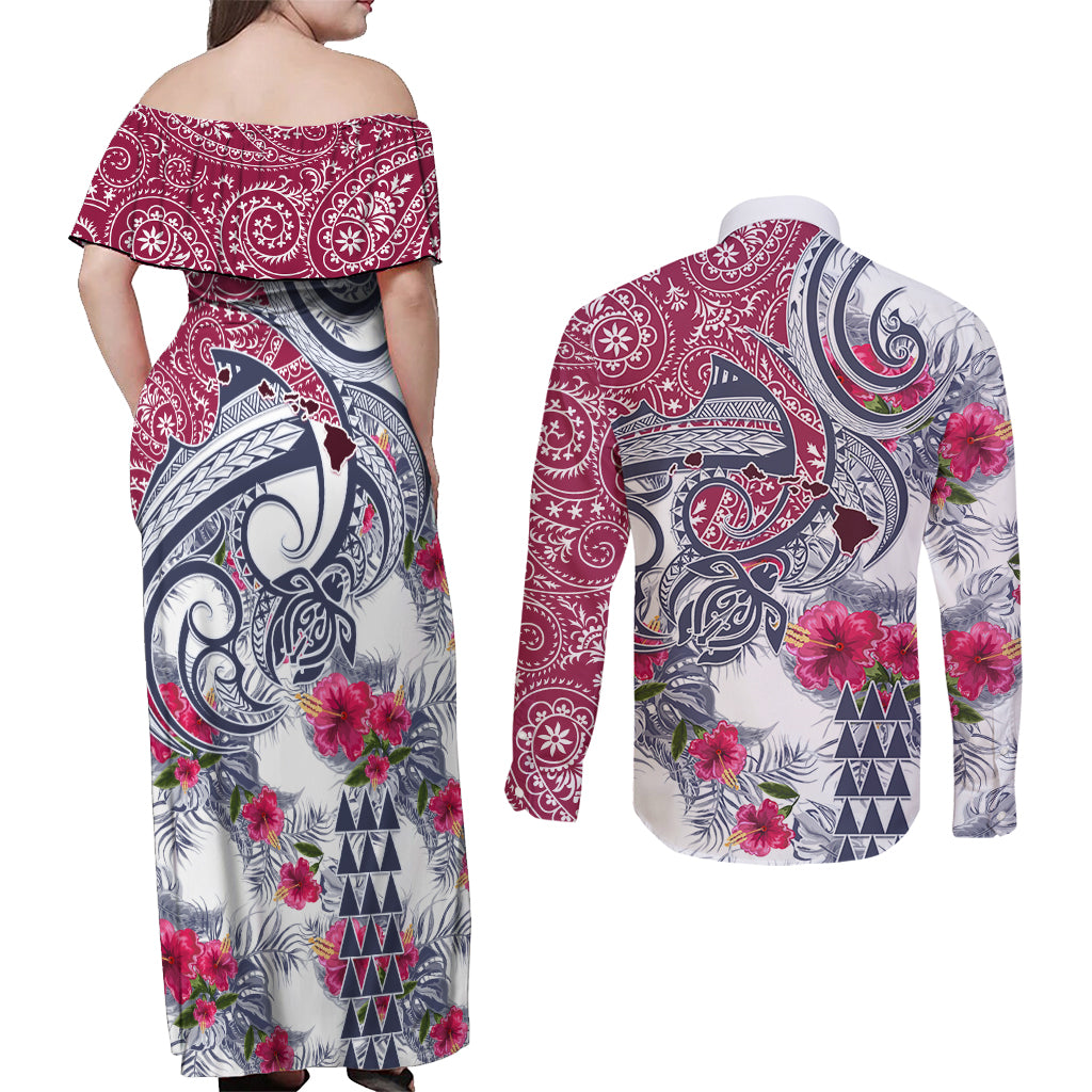 Hawaii Kakau Mix Paisley Pattern Couples Matching Off Shoulder Maxi Dress and Long Sleeve Button Shirt Polynesian Tropical Unique Style LT01 - Polynesian Pride