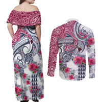 Hawaii Kakau Mix Paisley Pattern Couples Matching Off Shoulder Maxi Dress and Long Sleeve Button Shirt Polynesian Tropical Unique Style LT01 - Polynesian Pride
