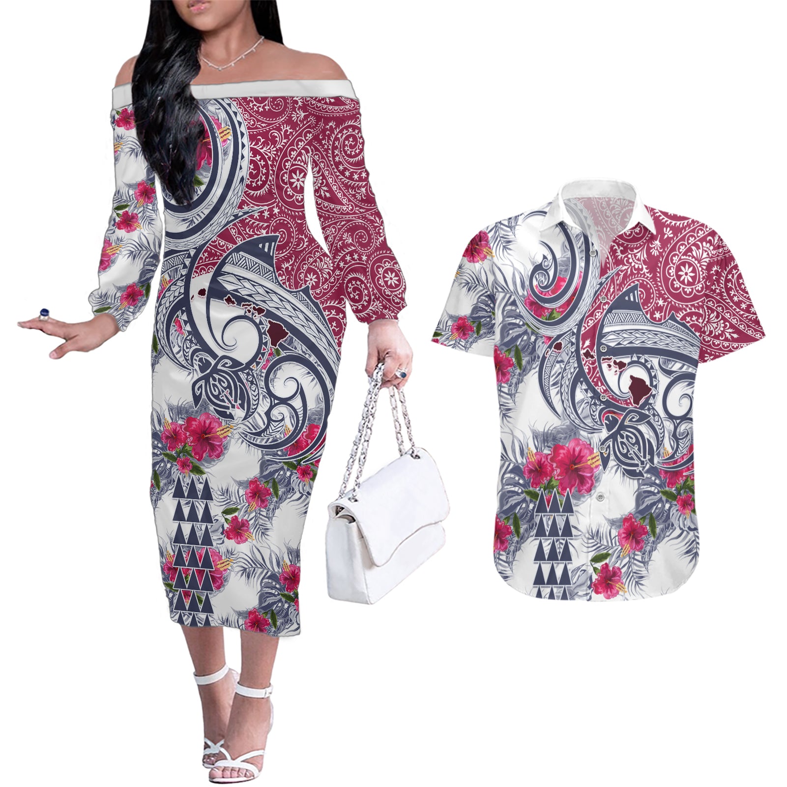 Hawaii Kakau Mix Paisley Pattern Couples Matching Off The Shoulder Long Sleeve Dress and Hawaiian Shirt Polynesian Tropical Unique Style LT01 White - Polynesian Pride