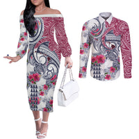 Hawaii Kakau Mix Paisley Pattern Couples Matching Off The Shoulder Long Sleeve Dress and Long Sleeve Button Shirt Polynesian Tropical Unique Style LT01 White - Polynesian Pride