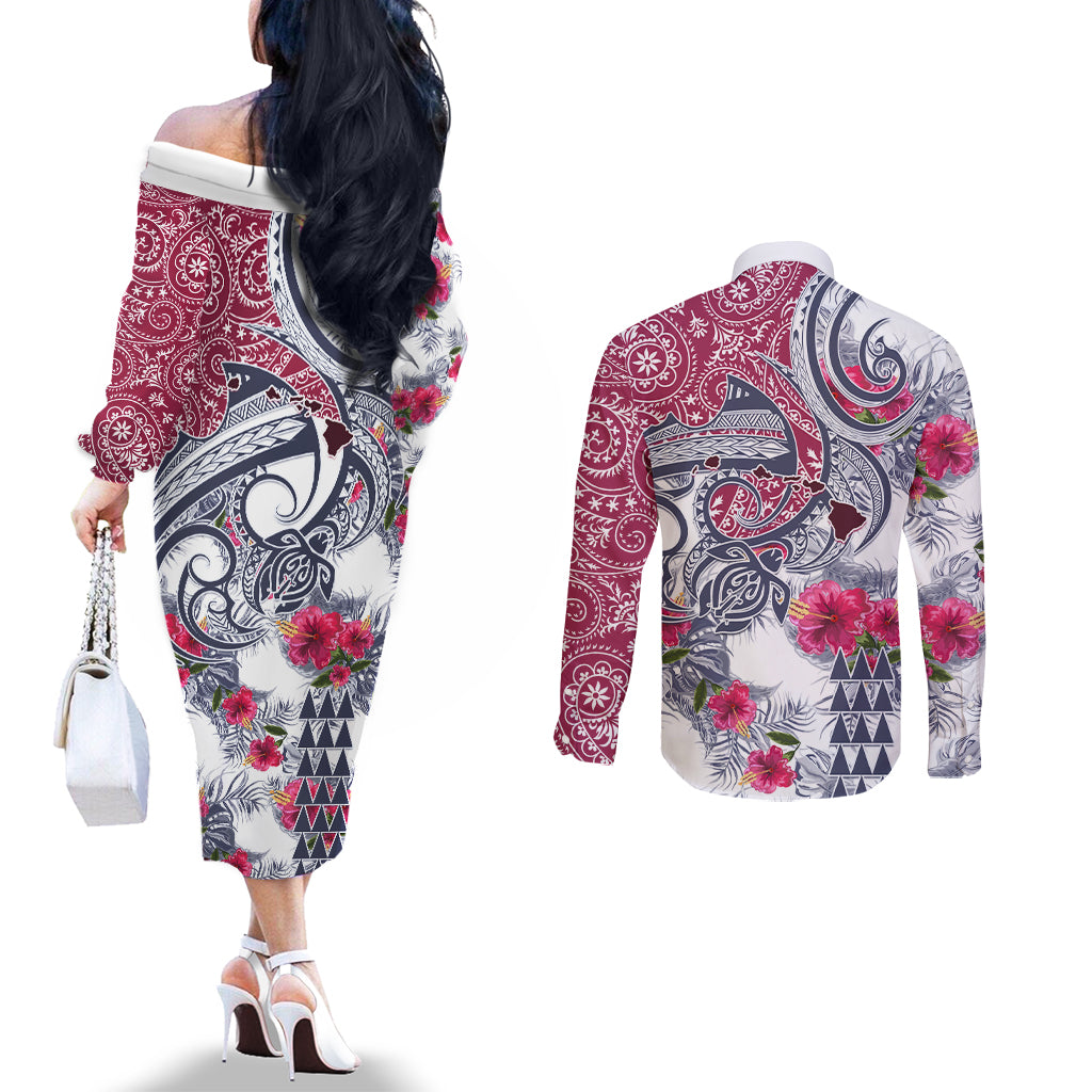 Hawaii Kakau Mix Paisley Pattern Couples Matching Off The Shoulder Long Sleeve Dress and Long Sleeve Button Shirt Polynesian Tropical Unique Style LT01 - Polynesian Pride