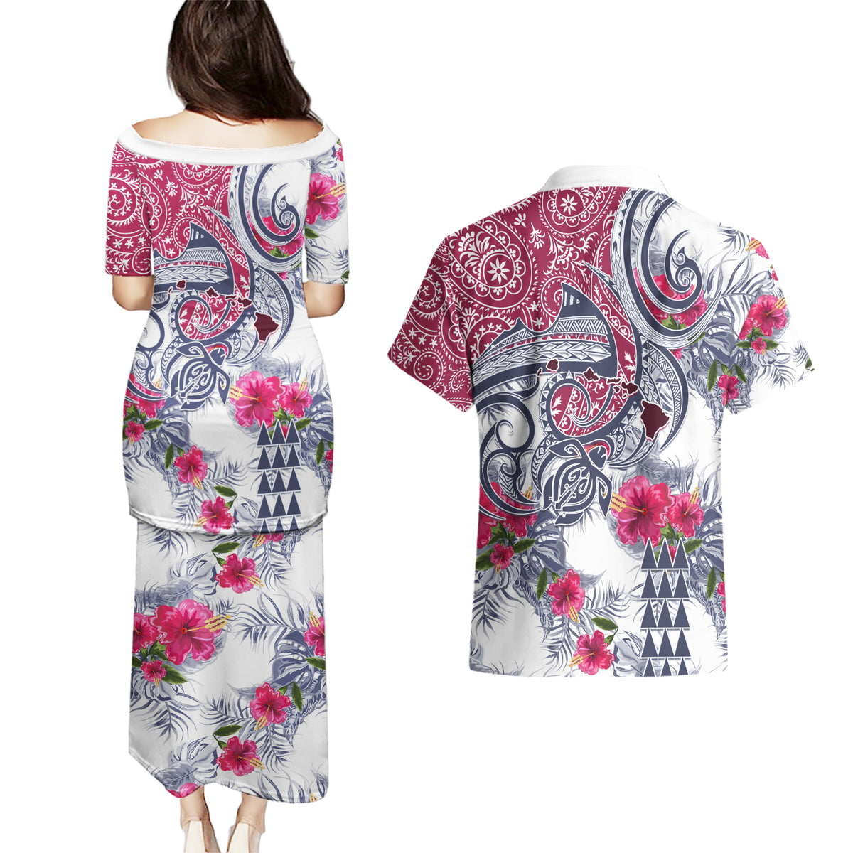 Hawaii Kakau Mix Paisley Pattern Couples Matching Puletasi Dress and Hawaiian Shirt Polynesian Tropical Unique Style LT01 - Polynesian Pride