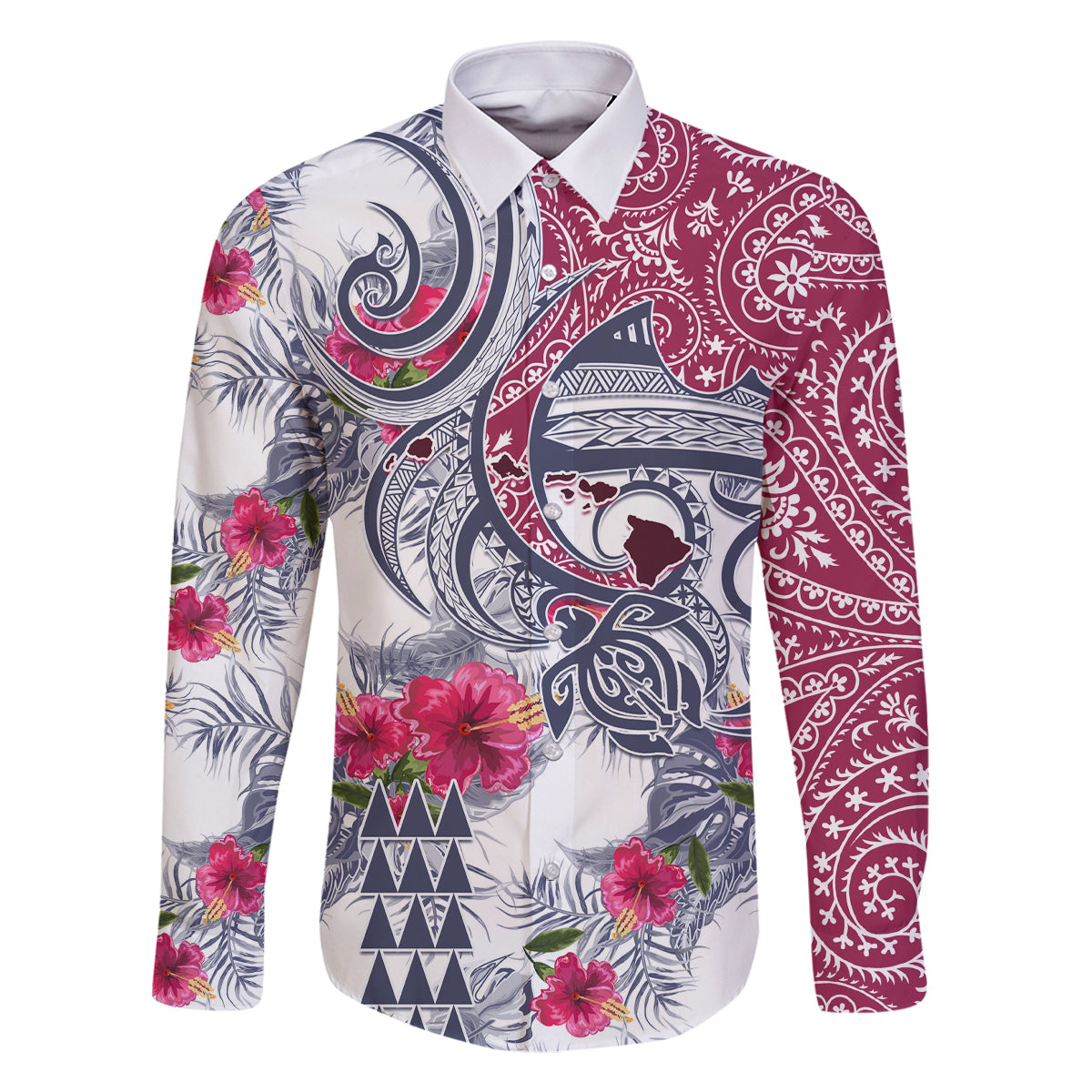 Hawaii Kakau Mix Paisley Pattern Family Matching Off Shoulder Long Sleeve Dress and Hawaiian Shirt Polynesian Tropical Unique Style LT01 Dad's Shirt - Long Sleeve White - Polynesian Pride