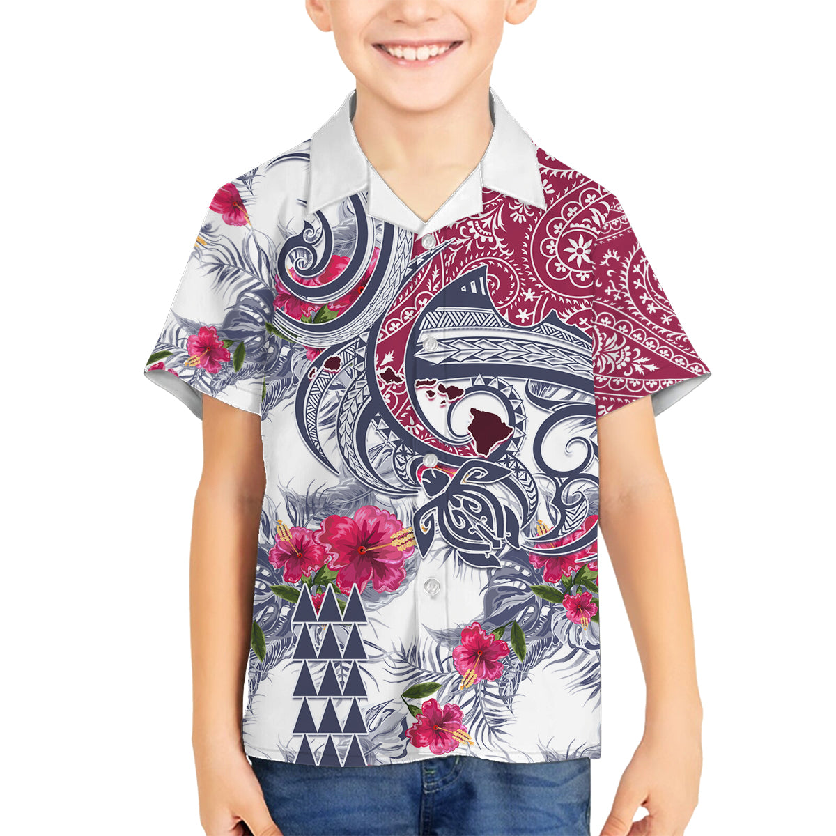 Hawaii Kakau Mix Paisley Pattern Family Matching Off Shoulder Long Sleeve Dress and Hawaiian Shirt Polynesian Tropical Unique Style LT01 Son's Shirt White - Polynesian Pride