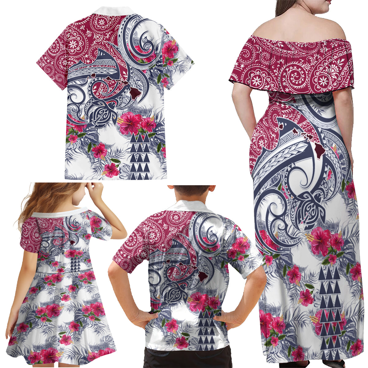 Hawaii Kakau Mix Paisley Pattern Family Matching Off Shoulder Maxi Dress and Hawaiian Shirt Polynesian Tropical Unique Style LT01 - Polynesian Pride