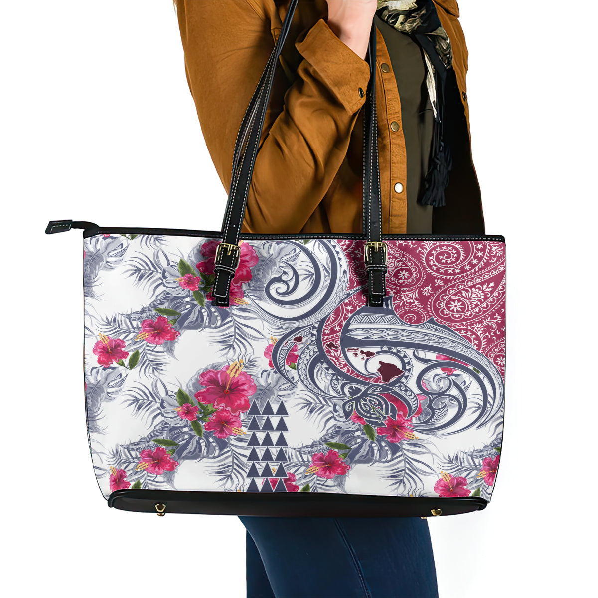 Hawaii Kakau Mix Paisley Pattern Leather Tote Bag Polynesian Tropical Unique Style LT01 - Polynesian Pride