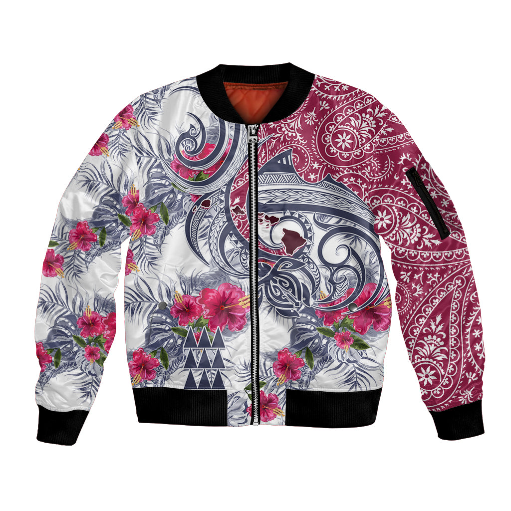 Hawaii Kakau Mix Paisley Pattern Sleeve Zip Bomber Jacket Polynesian Tropical Unique Style LT01 Unisex White - Polynesian Pride