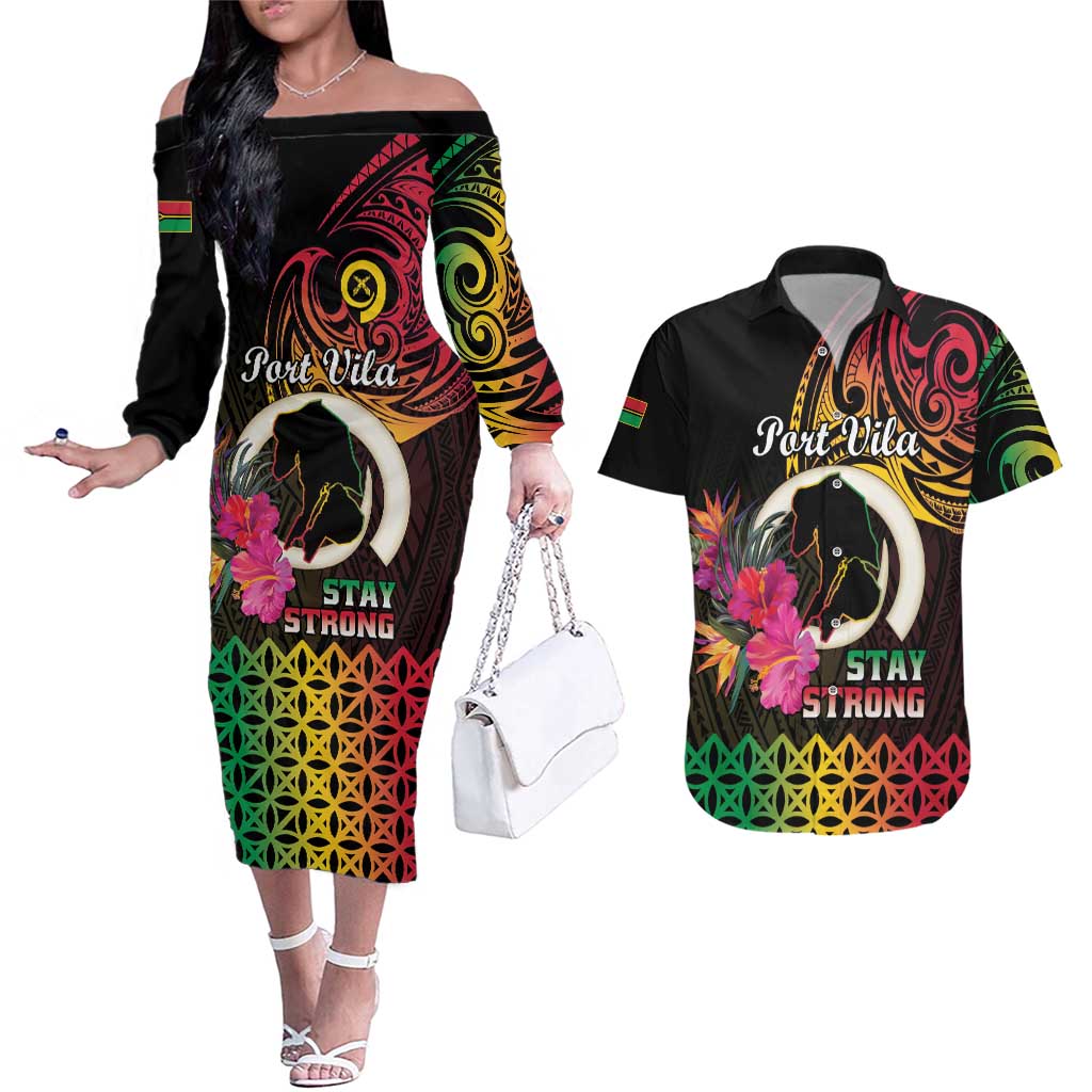 Personalised Vanuatu Port Vila Stay Strong Couples Matching Off The Shoulder Long Sleeve Dress and Hawaiian Shirt Long God Yumi Stanap