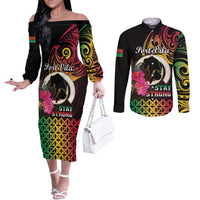 Personalised Vanuatu Port Vila Stay Strong Couples Matching Off The Shoulder Long Sleeve Dress and Long Sleeve Button Shirt Long God Yumi Stanap LT01 Black - Polynesian Pride