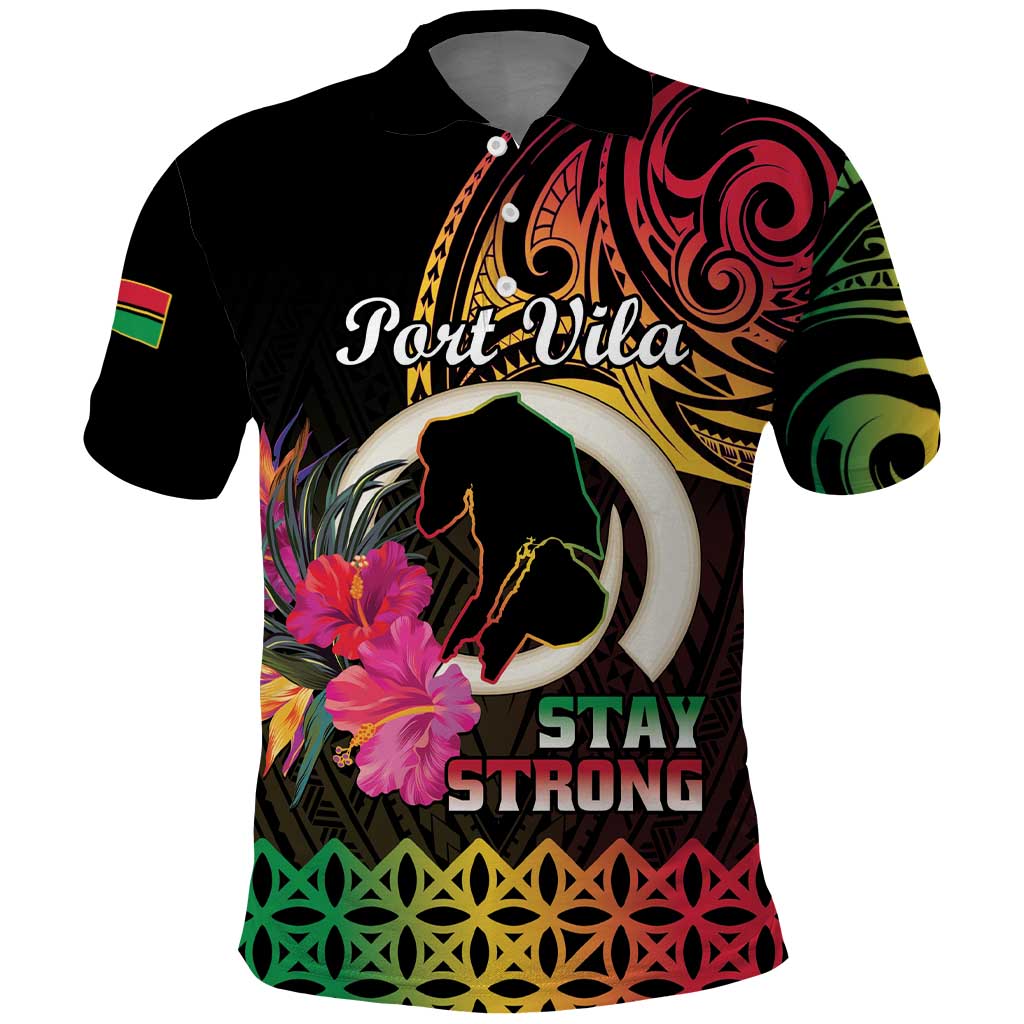 Personalised Vanuatu Port Vila Stay Strong Polo Shirt Long God Yumi Stanap LT01 Black - Polynesian Pride