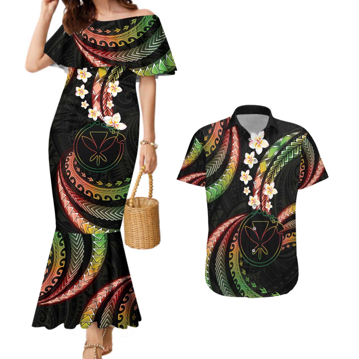 Hawaii Map Kanaka Maoli Couples Matching Mermaid Dress and Hawaiian Shirt Fantastic Frangipani Reggae