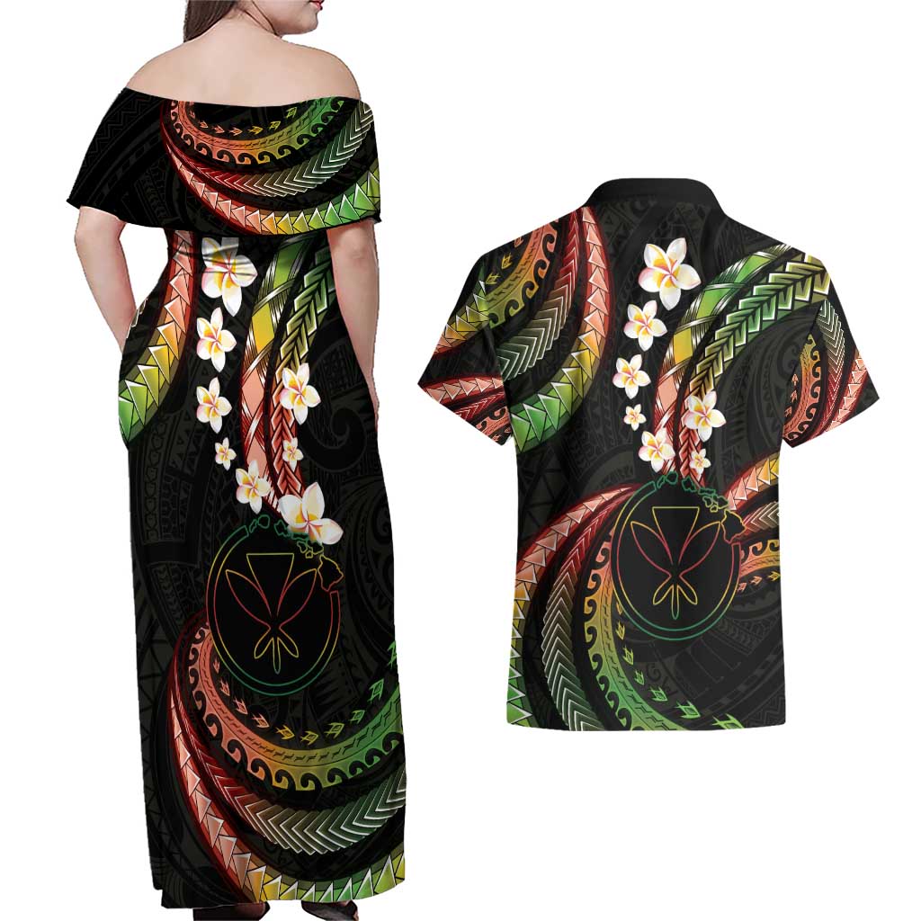 Hawaii Map Kanaka Maoli Couples Matching Off Shoulder Maxi Dress and Hawaiian Shirt Fantastic Frangipani Reggae