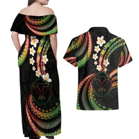 Hawaii Map Kanaka Maoli Couples Matching Off Shoulder Maxi Dress and Hawaiian Shirt Fantastic Frangipani Reggae