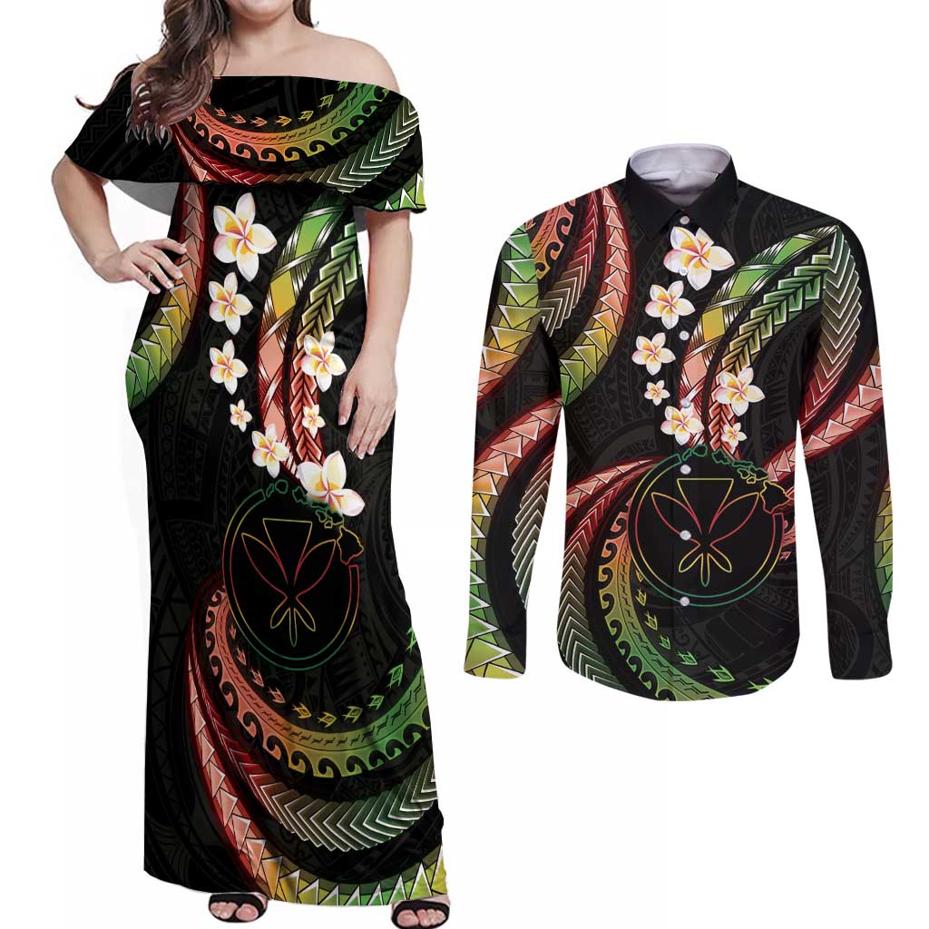 Hawaii Map Kanaka Maoli Couples Matching Off Shoulder Maxi Dress and Long Sleeve Button Shirt Fantastic Frangipani Reggae