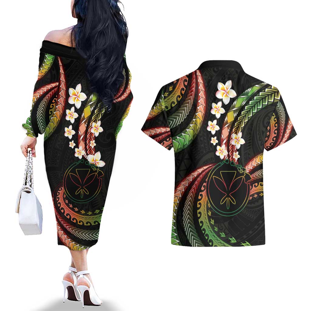 Hawaii Map Kanaka Maoli Couples Matching Off The Shoulder Long Sleeve Dress and Hawaiian Shirt Fantastic Frangipani Reggae
