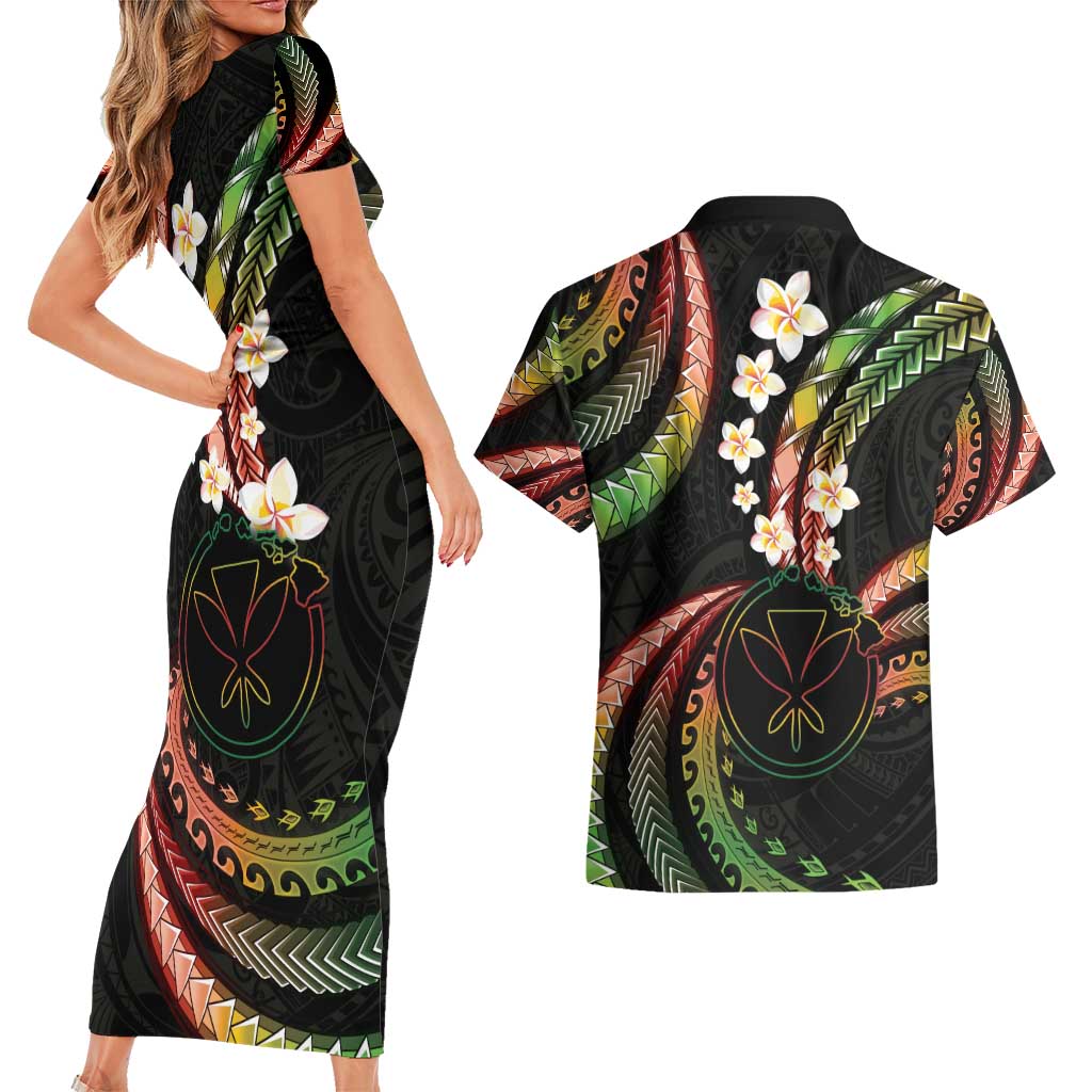 Hawaii Map Kanaka Maoli Couples Matching Short Sleeve Bodycon Dress and Hawaiian Shirt Fantastic Frangipani Reggae