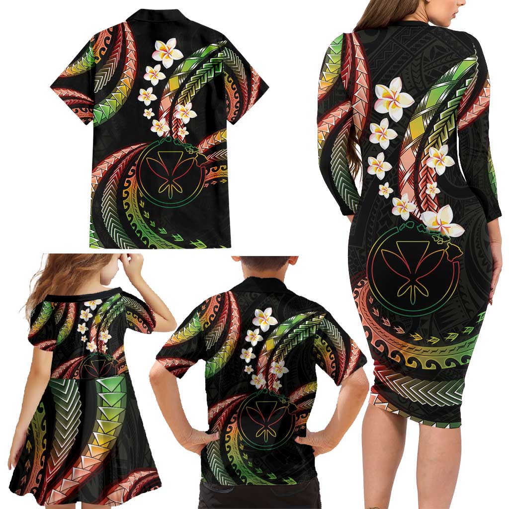 Hawaii Map Kanaka Maoli Family Matching Long Sleeve Bodycon Dress and Hawaiian Shirt Fantastic Frangipani Reggae