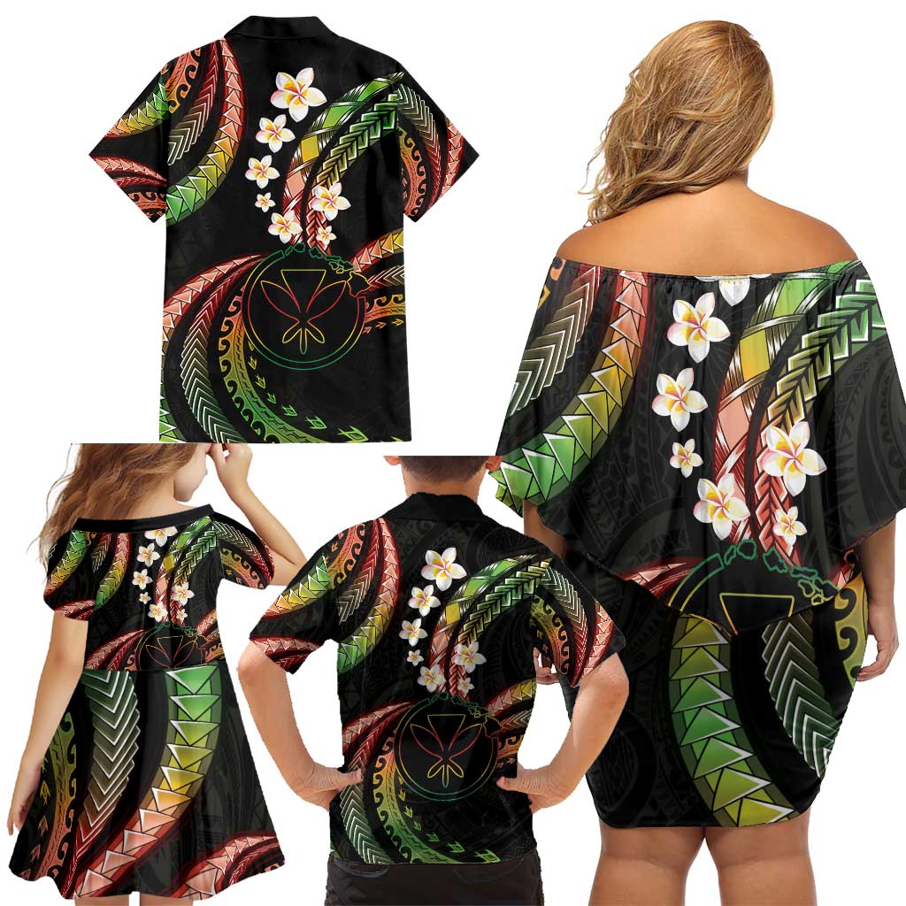 Hawaii Map Kanaka Maoli Family Matching Off Shoulder Short Dress and Hawaiian Shirt Fantastic Frangipani Reggae