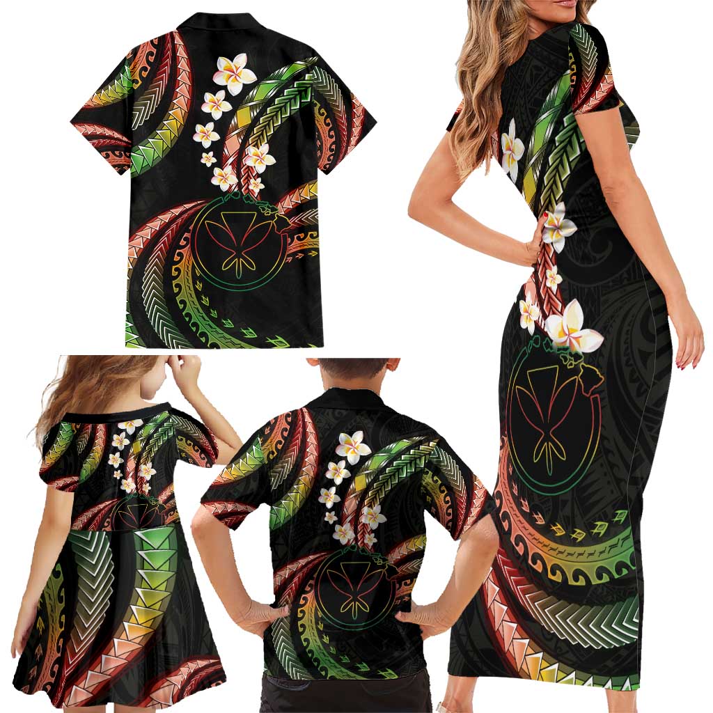 Hawaii Map Kanaka Maoli Family Matching Short Sleeve Bodycon Dress and Hawaiian Shirt Fantastic Frangipani Reggae