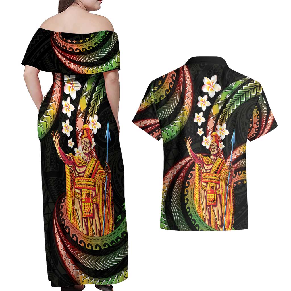 Hawaii King Kamehameha Couples Matching Off Shoulder Maxi Dress and Hawaiian Shirt Fantastic Plumeria Reggae