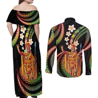 Hawaii King Kamehameha Couples Matching Off Shoulder Maxi Dress and Long Sleeve Button Shirt Fantastic Plumeria Reggae