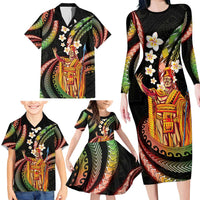 Hawaii King Kamehameha Family Matching Long Sleeve Bodycon Dress and Hawaiian Shirt Fantastic Plumeria Reggae