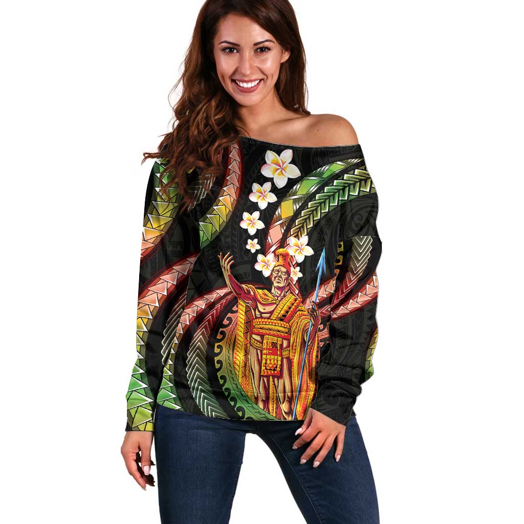 Hawaii King Kamehameha Off Shoulder Sweater Fantastic Plumeria Reggae
