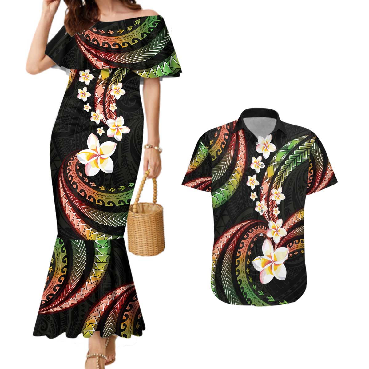 Hawaii Plumeria Reggae Couples Matching Mermaid Dress and Hawaiian Shirt Polynesian Pattern