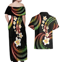 Hawaii Plumeria Reggae Couples Matching Off Shoulder Maxi Dress and Hawaiian Shirt Polynesian Pattern
