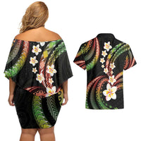 Hawaii Plumeria Reggae Couples Matching Off Shoulder Short Dress and Hawaiian Shirt Polynesian Pattern