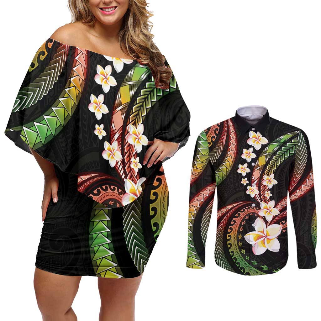 Hawaii Plumeria Reggae Couples Matching Off Shoulder Short Dress and Long Sleeve Button Shirt Polynesian Pattern