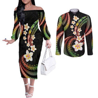 Hawaii Plumeria Reggae Couples Matching Off The Shoulder Long Sleeve Dress and Long Sleeve Button Shirt Polynesian Pattern