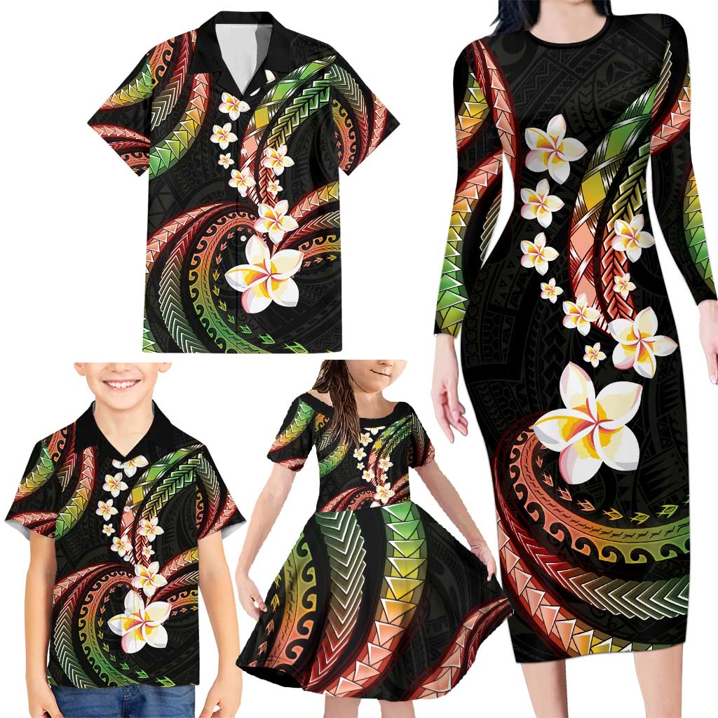 Hawaii Plumeria Reggae Family Matching Long Sleeve Bodycon Dress and Hawaiian Shirt Polynesian Pattern