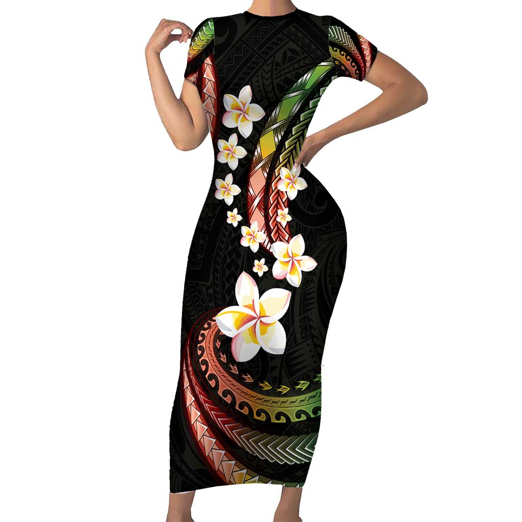 Hawaii Plumeria Reggae Short Sleeve Bodycon Dress Polynesian Pattern