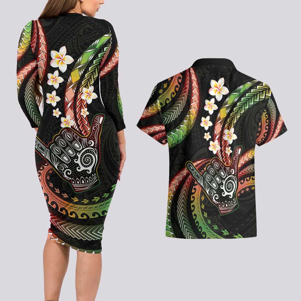 Hawaii Shaka Sign Couples Matching Long Sleeve Bodycon Dress and Hawaiian Shirt Fantastic Frangipani Reggae