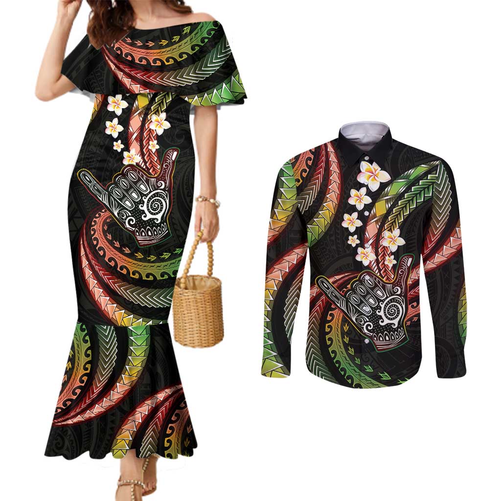 Hawaii Shaka Sign Couples Matching Mermaid Dress and Long Sleeve Button Shirt Fantastic Frangipani Reggae