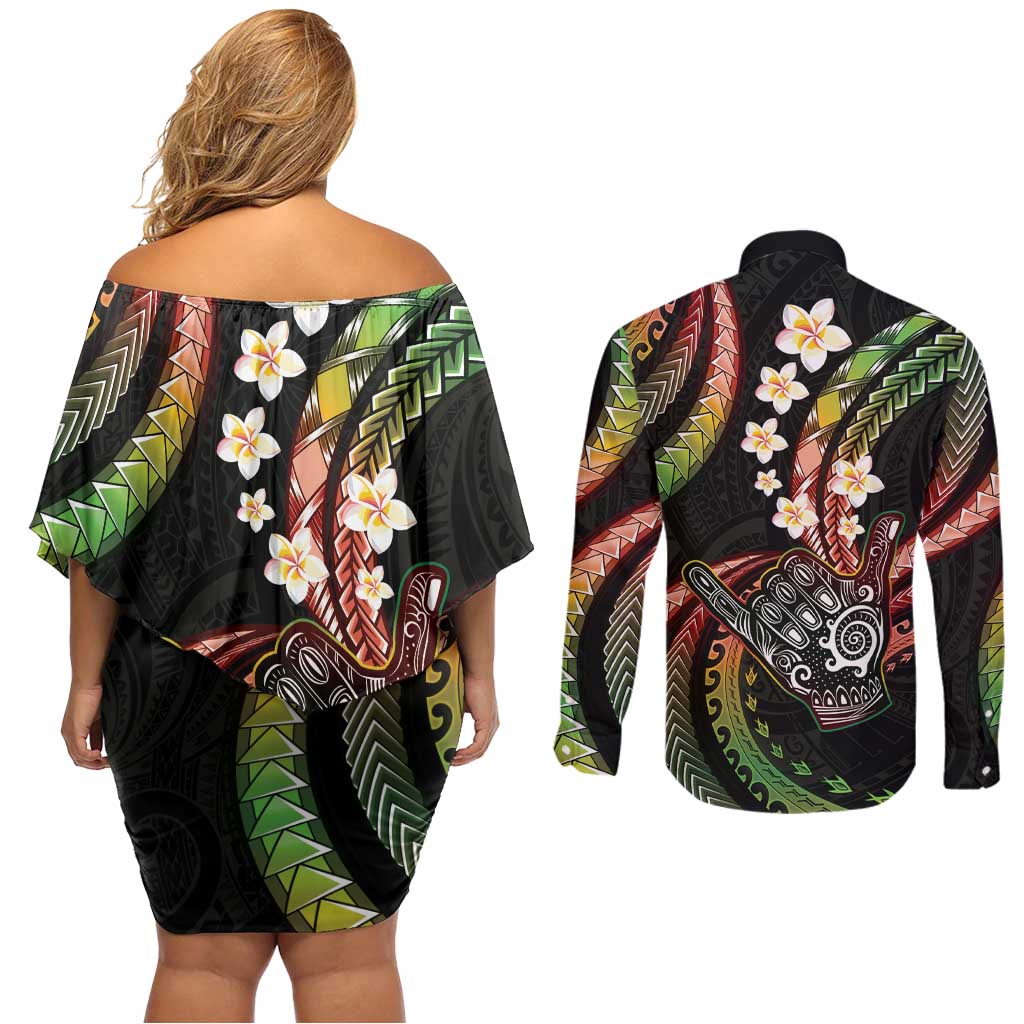 Hawaii Shaka Sign Couples Matching Off Shoulder Short Dress and Long Sleeve Button Shirt Fantastic Frangipani Reggae
