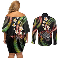 Hawaii Shaka Sign Couples Matching Off Shoulder Short Dress and Long Sleeve Button Shirt Fantastic Frangipani Reggae