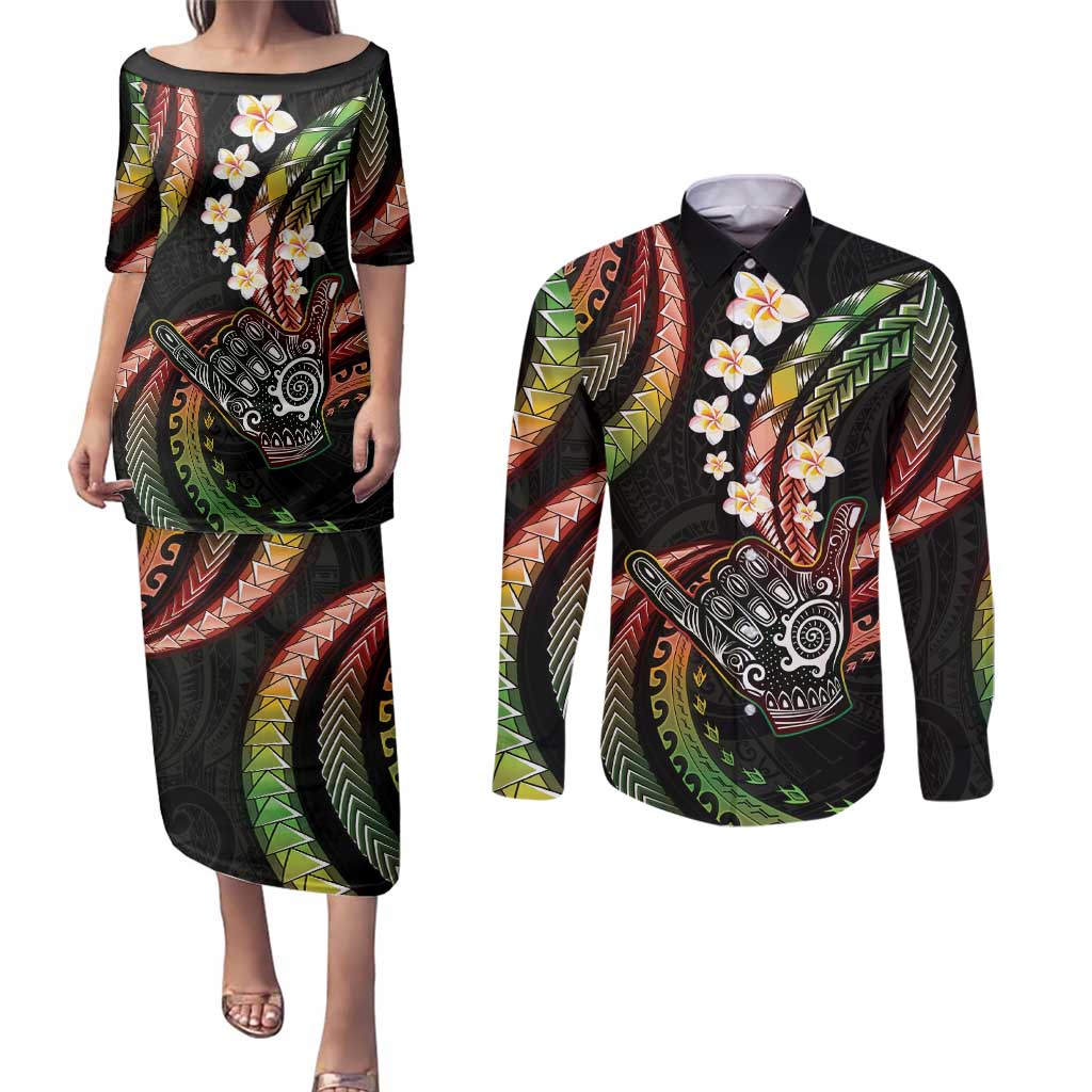 Hawaii Shaka Sign Couples Matching Puletasi and Long Sleeve Button Shirt Fantastic Frangipani Reggae