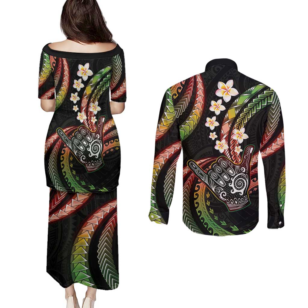 Hawaii Shaka Sign Couples Matching Puletasi and Long Sleeve Button Shirt Fantastic Frangipani Reggae