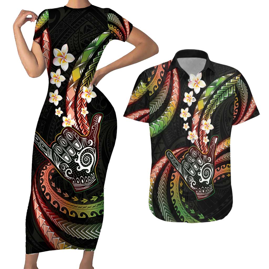 Hawaii Shaka Sign Couples Matching Short Sleeve Bodycon Dress and Hawaiian Shirt Fantastic Frangipani Reggae LT01 Reggae - Polynesian Pride