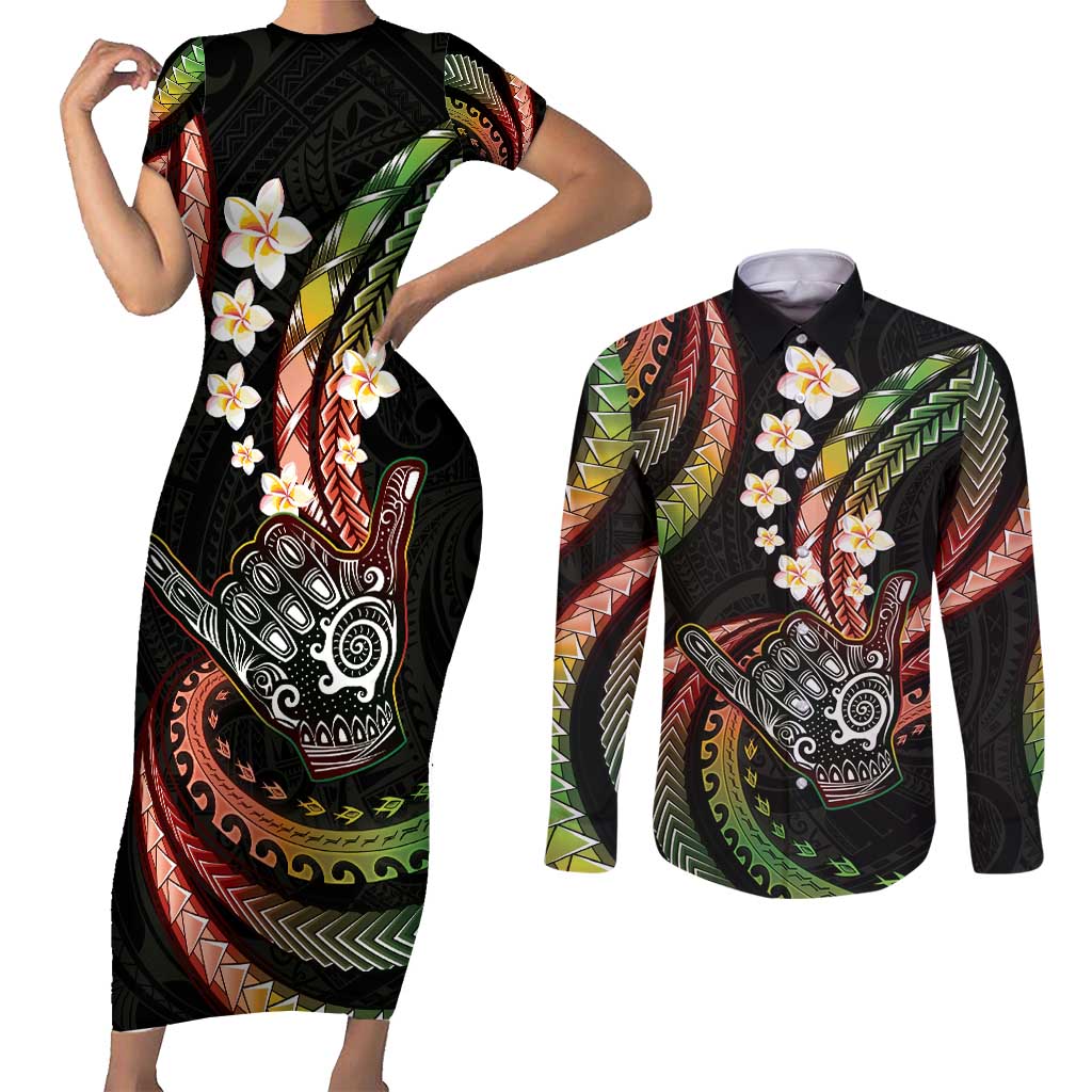 Hawaii Shaka Sign Couples Matching Short Sleeve Bodycon Dress and Long Sleeve Button Shirt Fantastic Frangipani Reggae